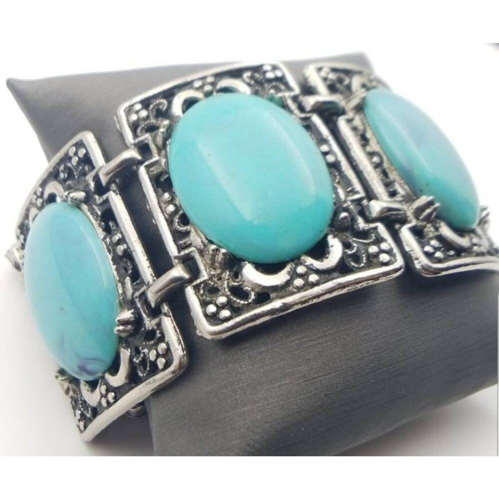 Vintage BOHO Faux Turquoise Ornate Link Bracelet - 1960s Vintage Jewelry